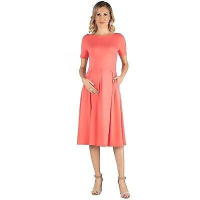 24seven Comfort Apparel Maternity Midi Dress with Short Sleeve and Pocket