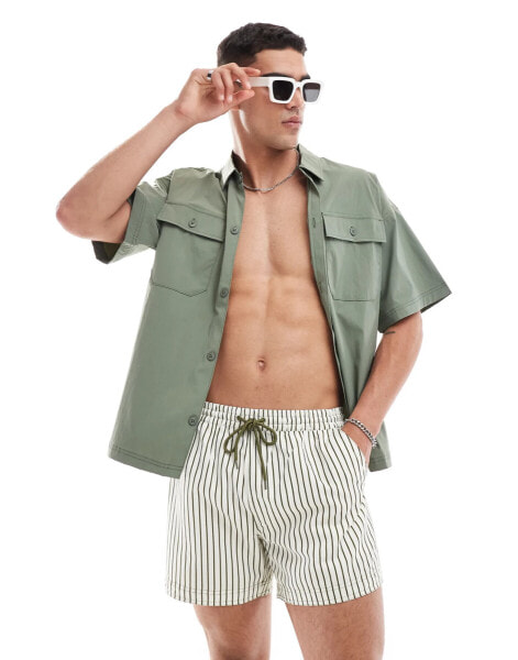 South Beach stripe swim short in khaki and cream