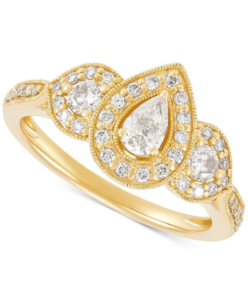 Diamond Pear-Cut Halo Three Stone Beaded Engagement Ring (3/4 ct. t.w.) in 14k Gold