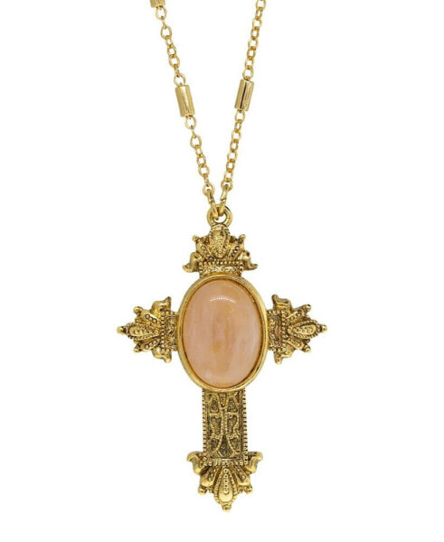 14K Gold Dipped Oval Semi Precious Genuine Rose Quartz Cross Necklace