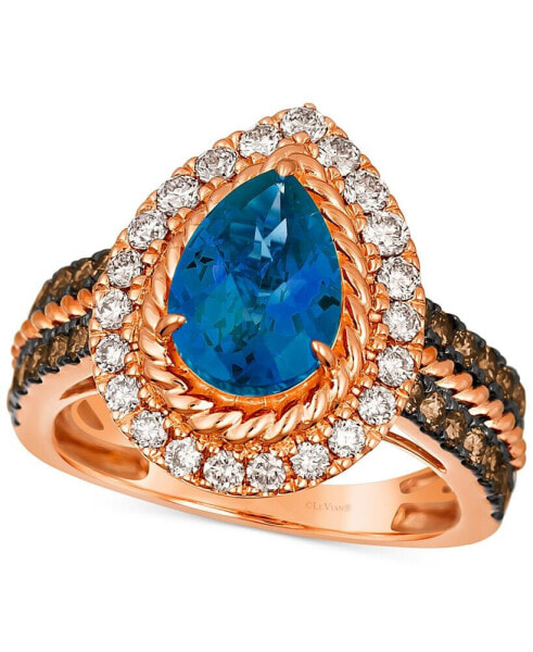 Deep Sea Blue Topaz (2 ct. t.w.) & Diamond (1 ct. t.w.) Teardrop Halo Ring in 14k Rose Gold