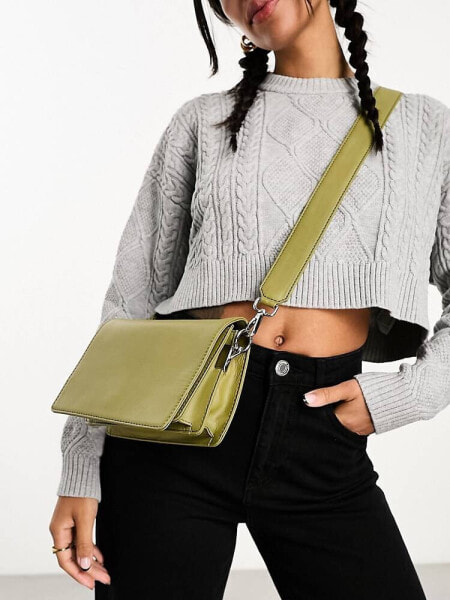 ASOS DESIGN leather multi compartment crossbody bag in light green