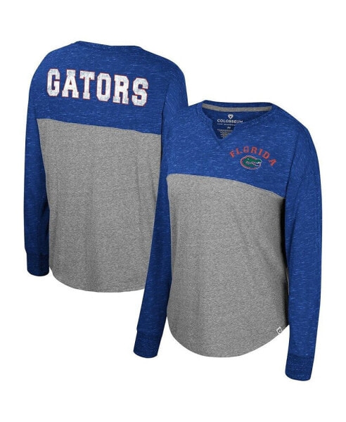 Women's Heather Gray, Royal Distressed Florida Gators Jelly of the Month Oversized Tri-Blend Long Sleeve T-shirt