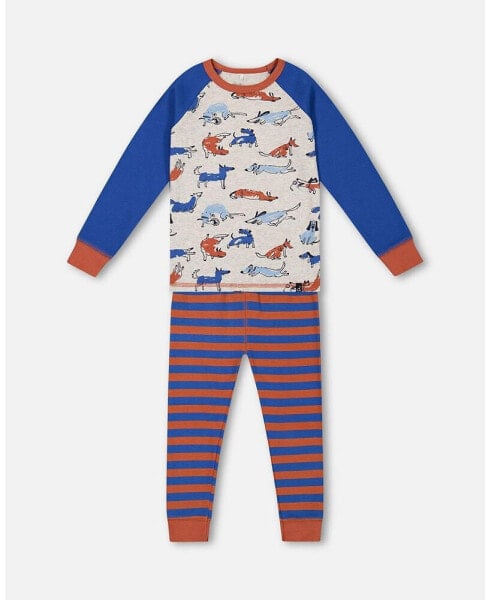 Big Boys Organic Cotton Two Piece Pajama Set Blue And Orange Stripe