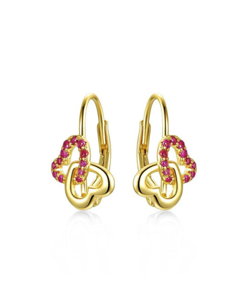 Radiant Double Heart Halo Drop Leverback Earrings for Kids/Teens in Sterling Silver with 14k Yellow Gold Plating and Ruby Accents