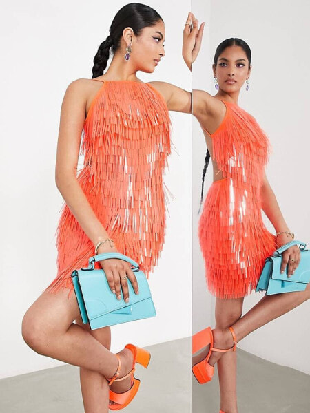 ASOS EDITION sequin shard halter mini dress in orange