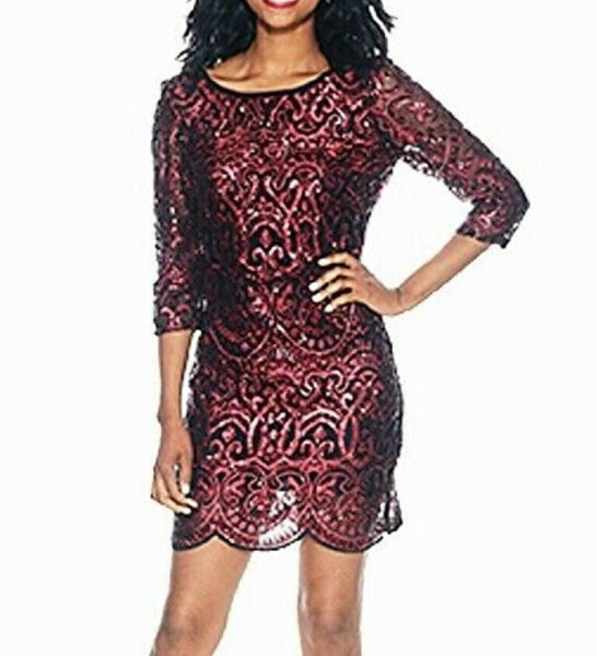 Crystal Doll Women's Juniors Sequined Boat Neck Party Dress Black Burgundy M