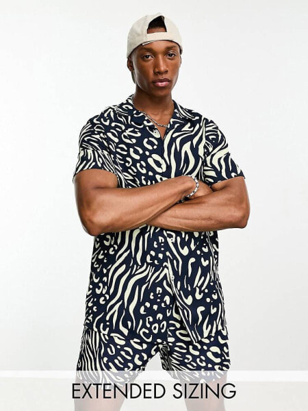 ASOS DESIGN co-ord revere shirt in navy zebra print