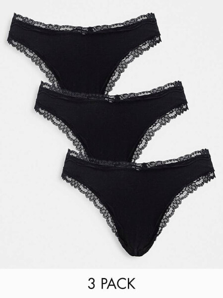 ASOS DESIGN 3 pack cotton & lace trim high rise malibu thong in black