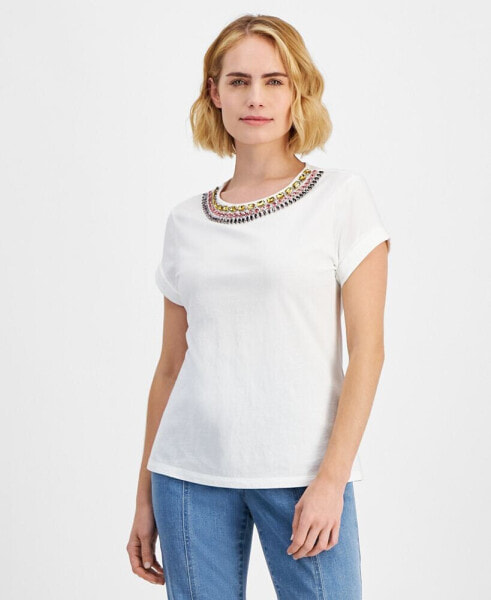 Petite Cotton Rhinestone-Embellished Top, Created for Macy's