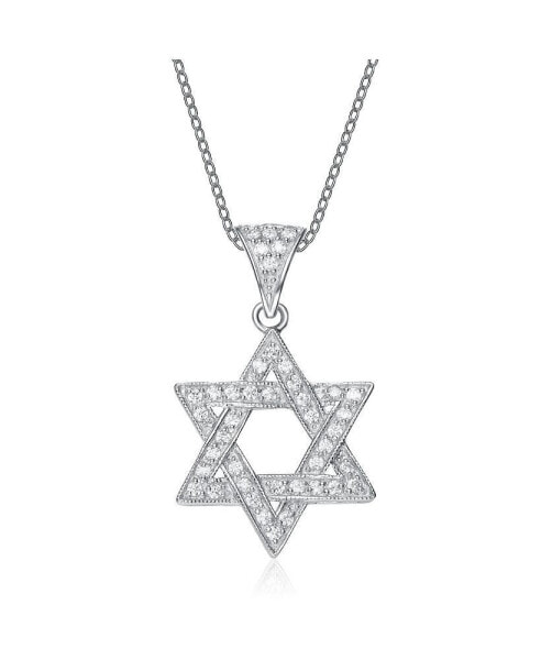 Cubic Zirconia Sterling Silver White Gold Plated Star Of David Drop Pendant