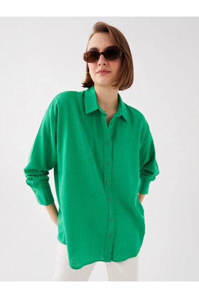 Düz Uzun Kollu Oversize Keten Görünümlü Kadın Gömlek
