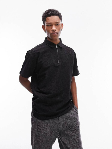 Topman oversized fit polo with glitter in black