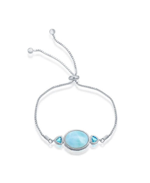 Sterling Silver Oval Larimar with Blue CZ Side Stones Adjustable Bolo Bracelet