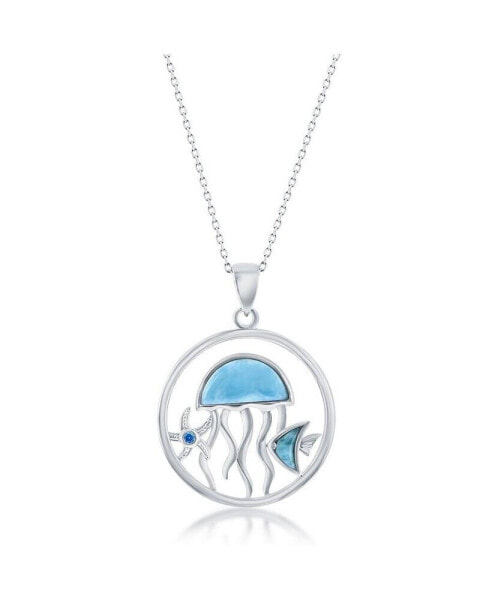 Sterling Silver Larimar Jellyfish, Fish & Blue CZ Starfish Necklace