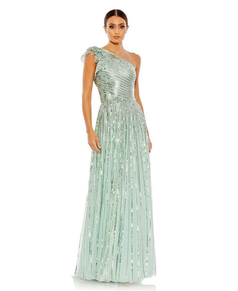 Women's Sequined One Shoulder Flutter Sleeve A Line Gown