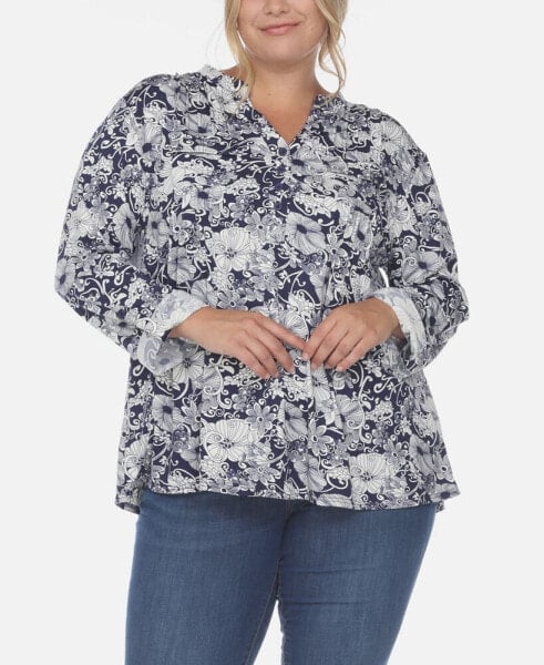 Plus Size Pleated Long Sleeve Floral Print Blouse