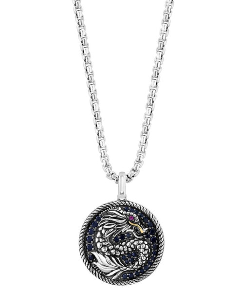 EFFY® Men's Black Sapphire (7/8 ct. t.w.) & Ruby (1/20 ct. t.w.) Dragon Disc 22" Pendant Necklace in Sterling Silver