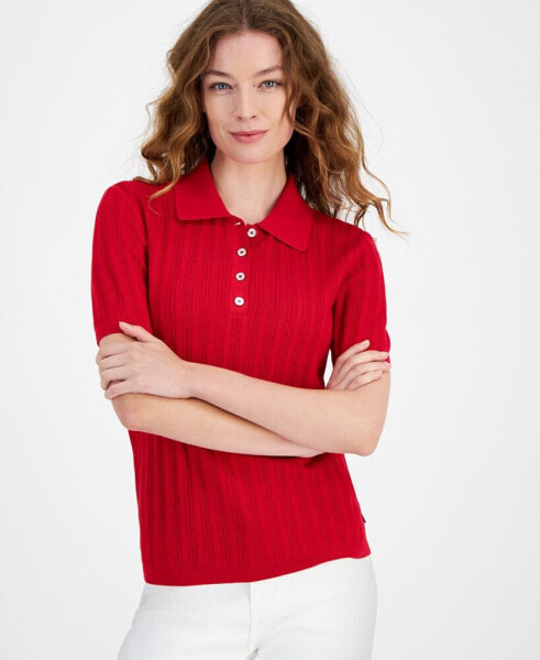 Women's Ribbed Short-Sleeve Polo Sweater