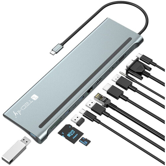 Techly Docking Station 12 in 1 USB-C Hub VGA HDMI DP RJ45 with Micro SD/SD Reader - Wired - USB 3.2 Gen 1 (3.1 Gen 1) Type-C - 100 W - 10,100,1000 Mbit/s - Grey - MicroSD (TransFlash) - SD