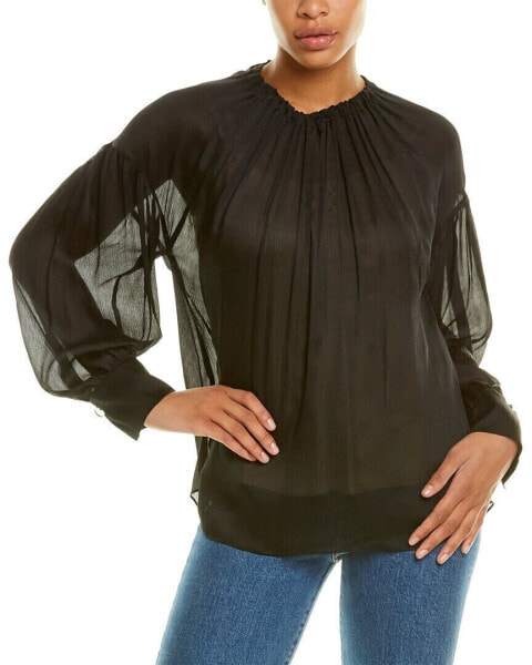 Vince Shirred Neck Silk Blouse Women's Black Xs