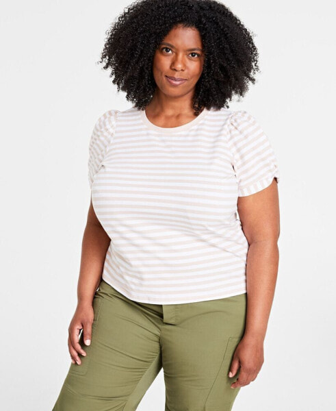 On 34th Trendy Plus Size Striped Knot-Detail Puffed-Sleeve Top, Created for Macy's