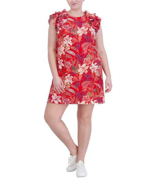 Plus Size Floral Textured Ruffle-Sleeve Dress