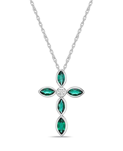 Macy's lab-Grown Green Emerald and Lab-Grown White Sapphire (1-1/4 ct. t. w.) Marquise Bezel Set Cross Pendant Necklace Set in Sterling Silver