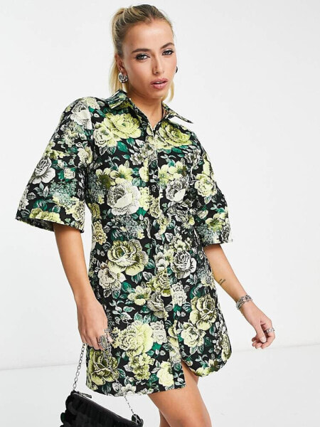 ASOS DESIGN metallic jacquard kimono sleeve shirt mini dress in large floral