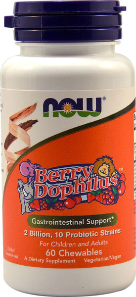 NOW Foods BerryDophilus Пробиотик-дофилус для детей и взрослых  10 штаммов 2 млрд КОЕ 60 жевательных таблеток с ягодным вкусом