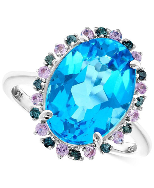 Blue Topaz (8-1/2 ct. t.w.), Pink Sapphire (1/3 ct. t.w.) & Blue Diamond (1/8 ct. t.w.) Oval Halo Ring in 14k White Gold