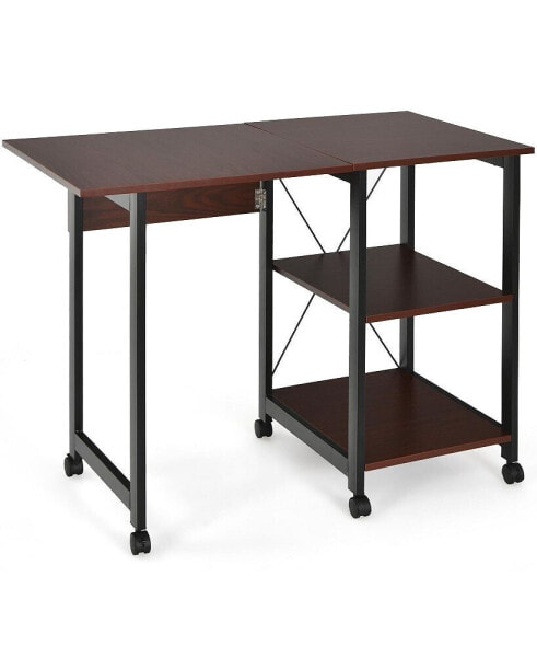 Rolling Folding Computer Desk with Storage Shelves