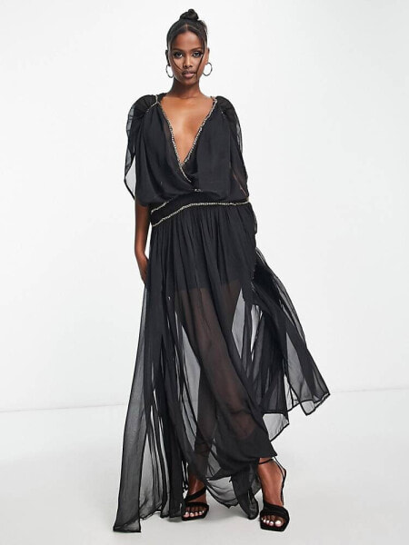 ASOS DESIGN – Goddess – Maxikleid in Schwarz mit Kettenverzierung