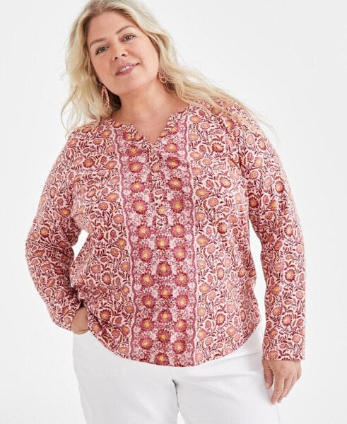 Style & Co Plus Size Printed Henley Top, Created for Macy's