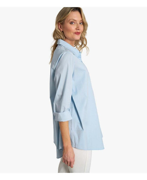 Women's Cotton Poplin Button-Front A-Line Shirt Top Prime Time Tunic