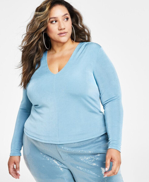 Trendy Plus Size V-Neck Long-Sleeve Top