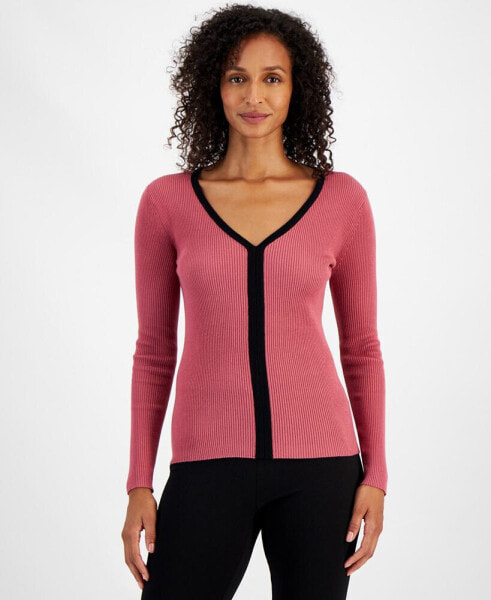 Women's Contrast-Trim Ribbed Long-Sleeve Top