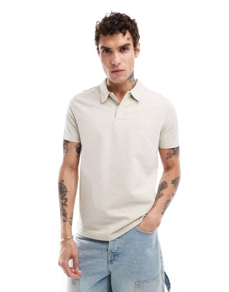 Threadbare seersucker polo shirt in grey with printed collar