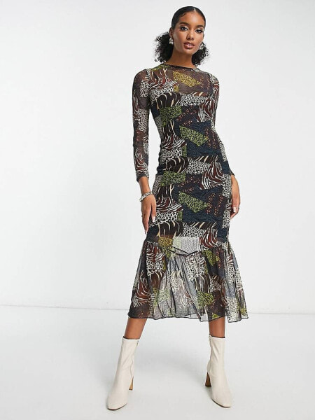 Never Fully Dressed mesh midaxi dress in contrast animal print