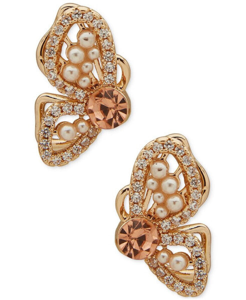 Gold-Tone Crystal & Imitation Pearl Butterfly Stud Earrings