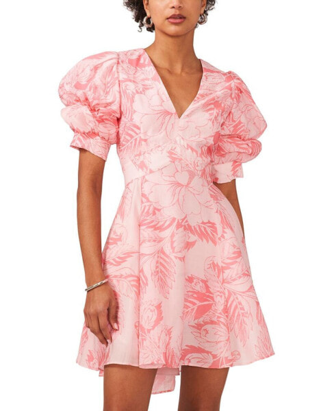 Women's Printed V-Neck Tiered Bubble Puff Sleeve Mini Dress