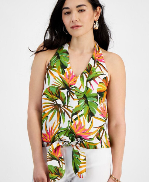 Petite Linen-Blend Printed Halter Top, Created for Macy's