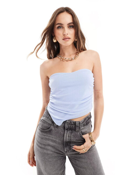 In The Style mesh ruched asymmetric hem bandeau top in blue