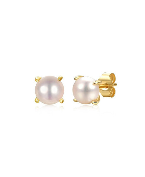 Baby/ Kids 14k Gold Plated with Round White Genuine Pearl Solitaire Stud Earrings in Sterling Silver