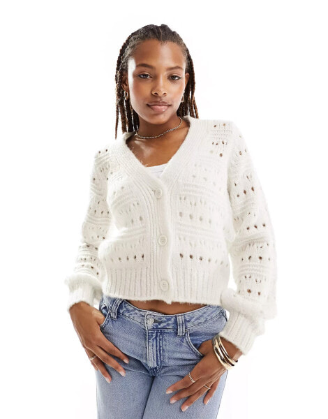 ASOS DESIGN knitted cardigan in pointelle stitch in cream