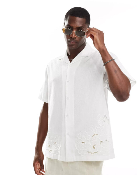 ASOS DESIGN short sleeve relaxed revere shirt with floral embroidery in white