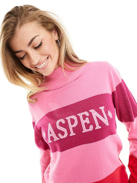 Threadbare Ski printed roll neck jumper in pink