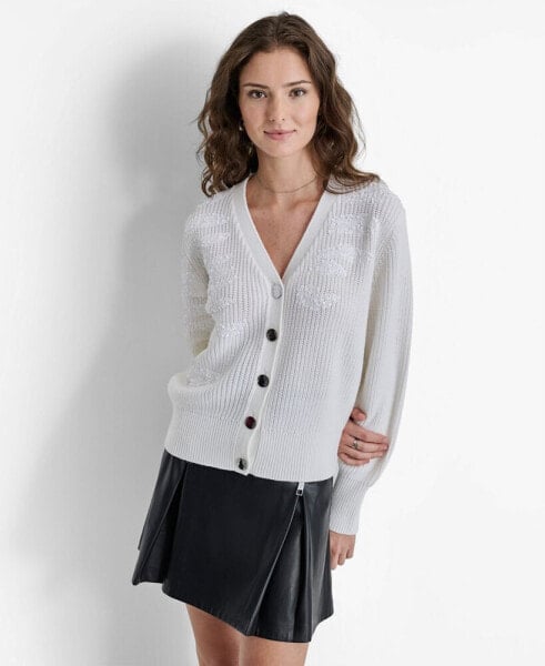 Women's Animal-Sequin Rib-Knit Button-Up Cardigan