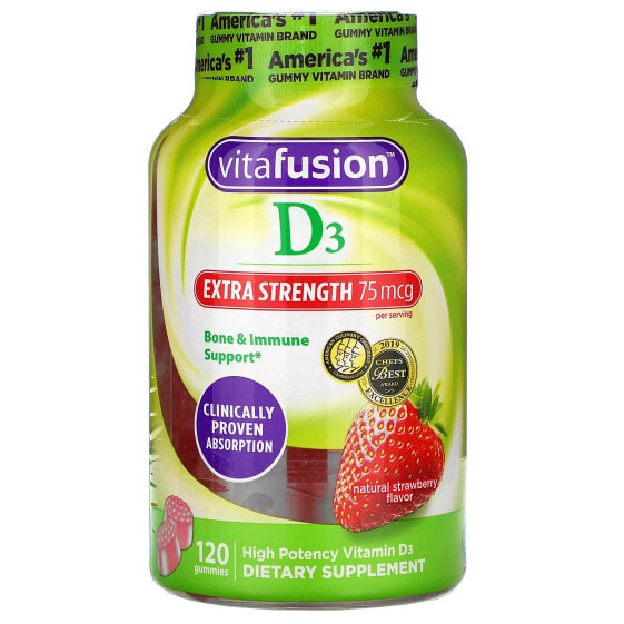 VitaFusion, Витамин D3 повышенной силы действия, поддержка костей и иммунитета, натуральный клубничный вкус, 37.5 мкг, 120 жевательных мармеладок
