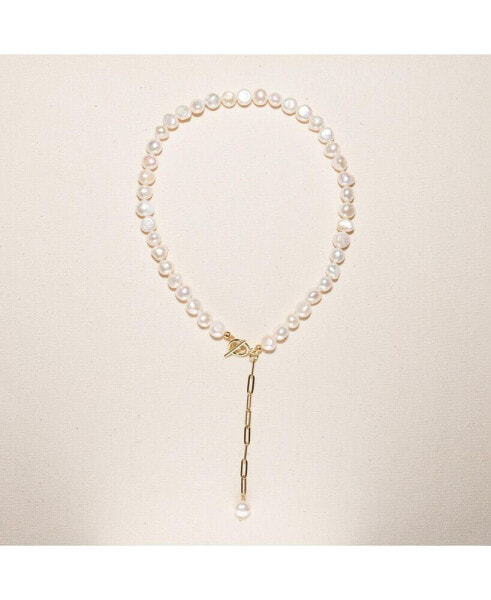 18K Gold Plated Paper Clip Chain with Freshwater Pearls - Morgan Necklace 17" For Women
